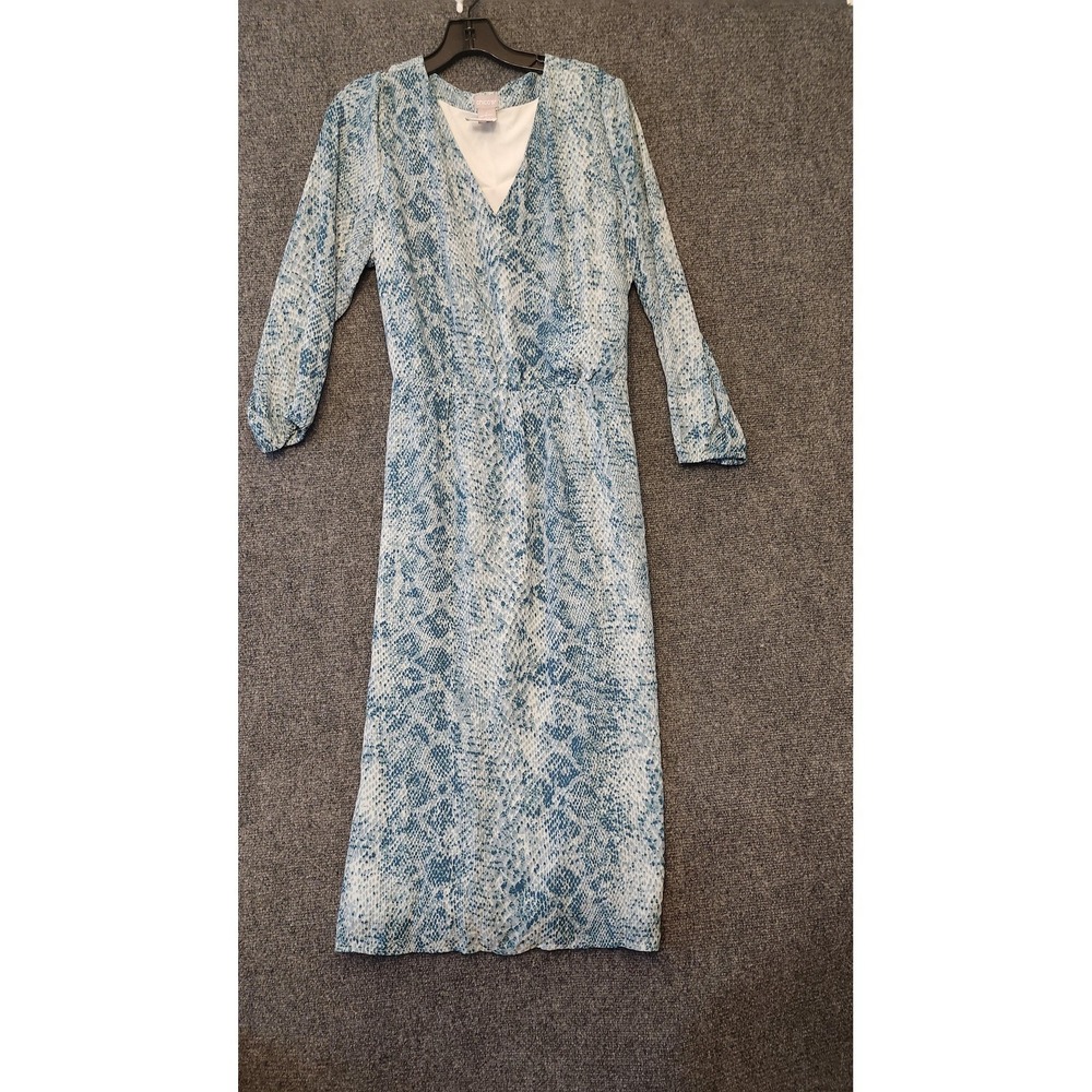 Chico's Dress Womens Sz 2 Blue Animal Print V Neck Wrap Belted Midi 3/4 Sleeve